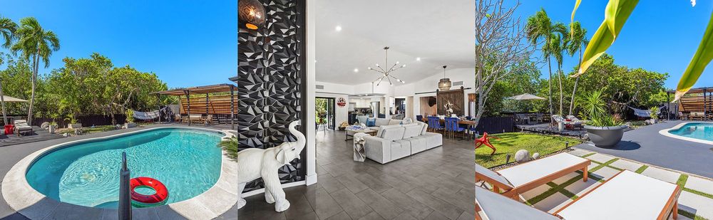 Collage featuring Villa Olan's outdoor pool view, spacious living room, and lush greenery with a seating area near the pool.