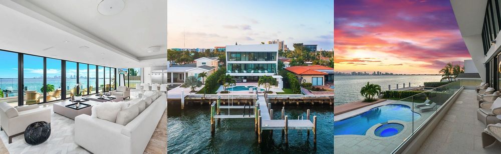 A collage of three images showcasing Villa Tessoro: a spacious living room with a water view, an aerial view of the entire villa with a boat dock, and a stunning sunset view over the swimming pool.