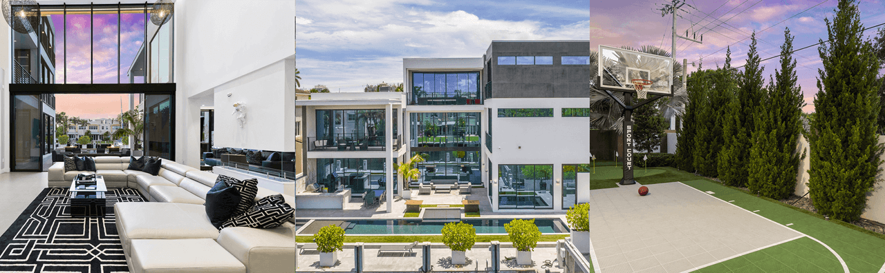 A collage of Boardwalk Mansion villa featuring a spacious living room, an aerial view of the villa, and a basketball court.