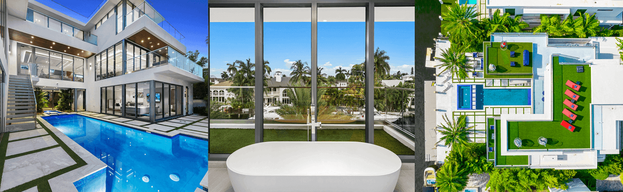 A collage of Park Place Mansion featuring an aerial view of the villa, a bathtub, and a top-down view of the stunning rooftop and swimming pool.