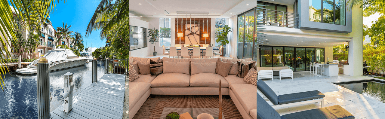 A collage of Villa Celine featuring a boat dock view, a cozy living room, and an outdoor swimming pool.