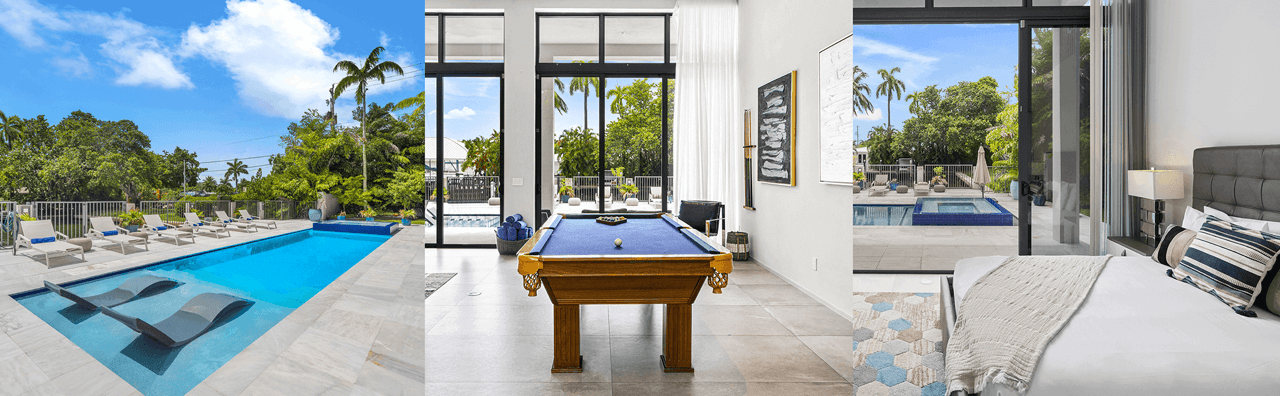 A collage of Villa Hayden featuring a swimming pool, a billiard table, and a spacious bedroom with a scenic view.