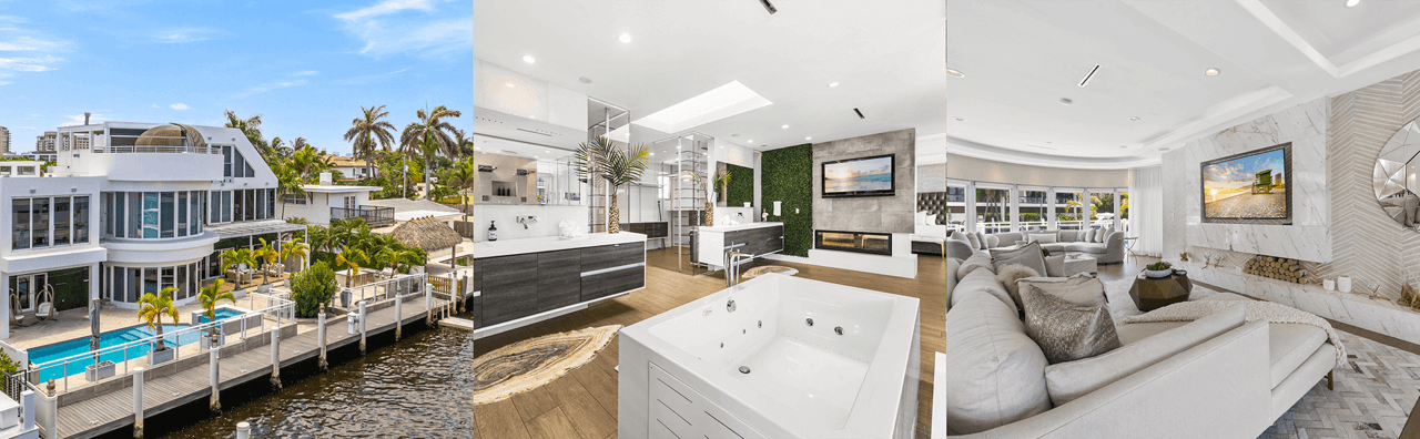 A collage of Villa Seminole featuring an aerial view of the villa, a spacious bathroom, and a spacious living room.