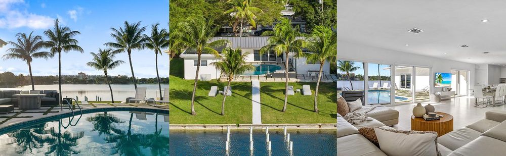 A collage of three images showcasing Casa Del Lago: a swimming pool with a scenic palm view, an aerial view of the villa and boat dock, and a living room with a comfortable sofa and dining area.