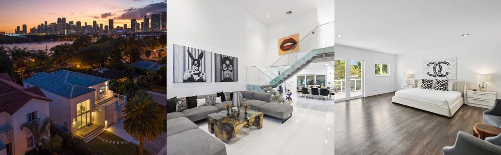 A collage of three images showcasing Villa Castillo: an aerial view of the villa, a spacious living room with a dining area, and a luxurious bedroom with a king-size bed.