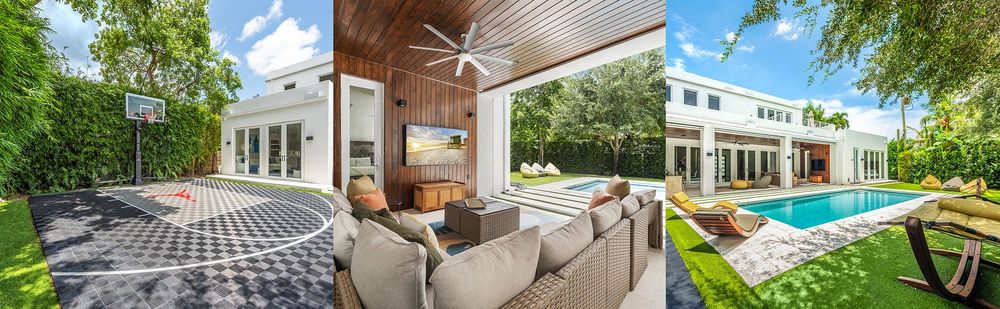 A collage of three images showcasing Villa Amani: a private basketball court, a spacious lounge area with modern furnishings, and a stunning swimming pool